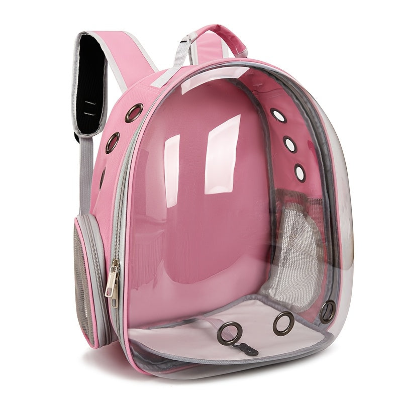 See-through PVC cat carrier backpack with breathable space capsule design and zipper closure for comfort and portability.