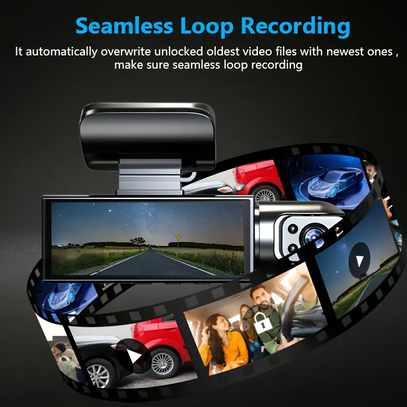 Dual camera dash cam for cars with front 1080P and inside 480P resolution, IR night vision, loop recording, wide angle dual lens, and 8.03 cm IPS screen. Optional 32GB SD card.