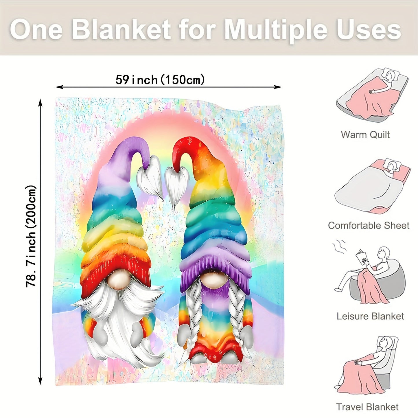 This cozy 1PC Contemporary Cartoon Gnome Throw Blanket is perfect for any sofa or bedroom. It is machine washable, stain resistant, and made of soft and warm knitted polyester. This decorative blanket can be used all year round and is ideal for travel