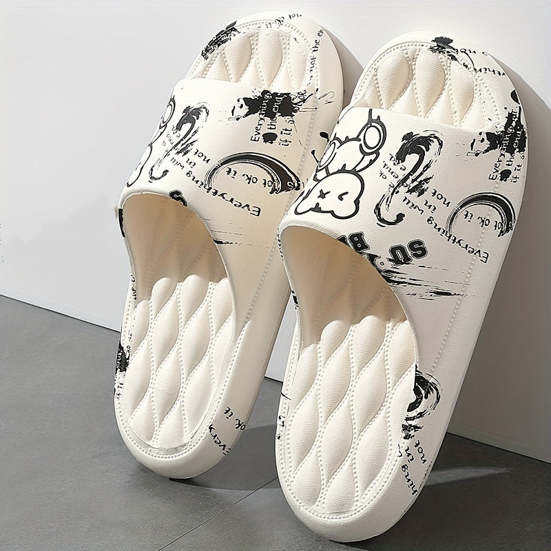 These are large size men's summer sandals that can be worn indoors and outdoors, featuring a non-slip thick sole with cartoon designs.