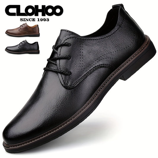 Men's oxfords made of genuine faux leather, featuring a minimalist design, lace-up closure, solid color, round toe, and rubber sole. Suitable for all-season wear, including daily wear