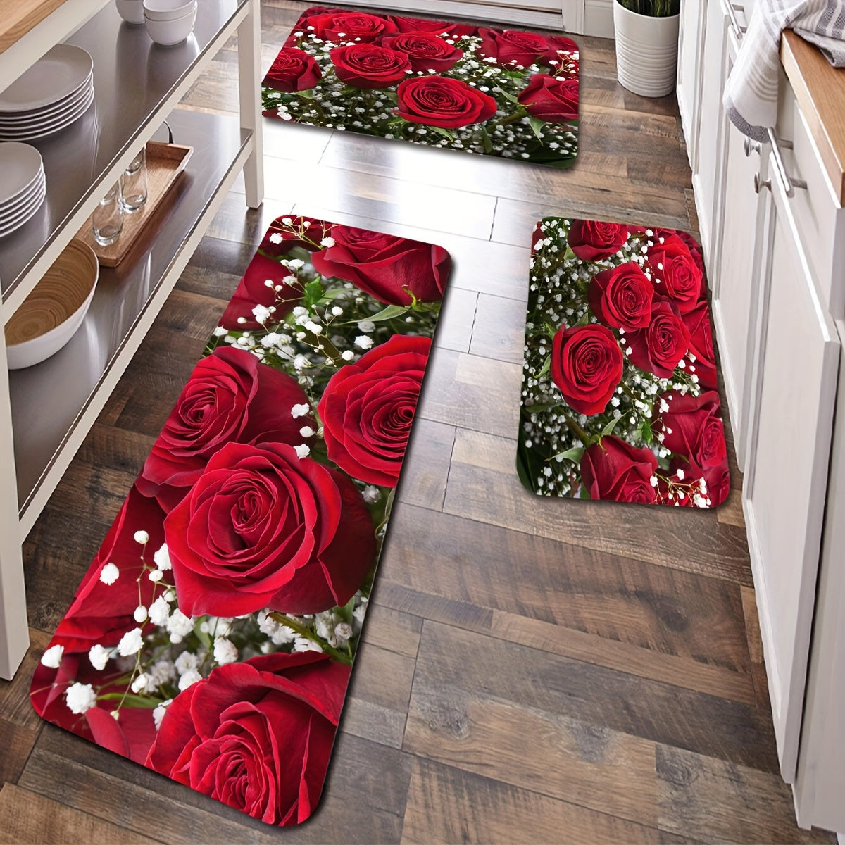 Soft premium rose flower kitchen mat made of anti-fatigue polyester, suitable for entryway, bedroom, living room, and more. Easy to clean as it is machine washable, perfect for home decor, balcony door carpet, and sink area.