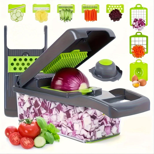 Kitchen accessories set includes a multifunctional 6/16-piece gray vegetable cutter, vegetable chopper, fruit slicer, physical grater with handle, storage container, and multifunctional peeler grater for slicing and dicing.