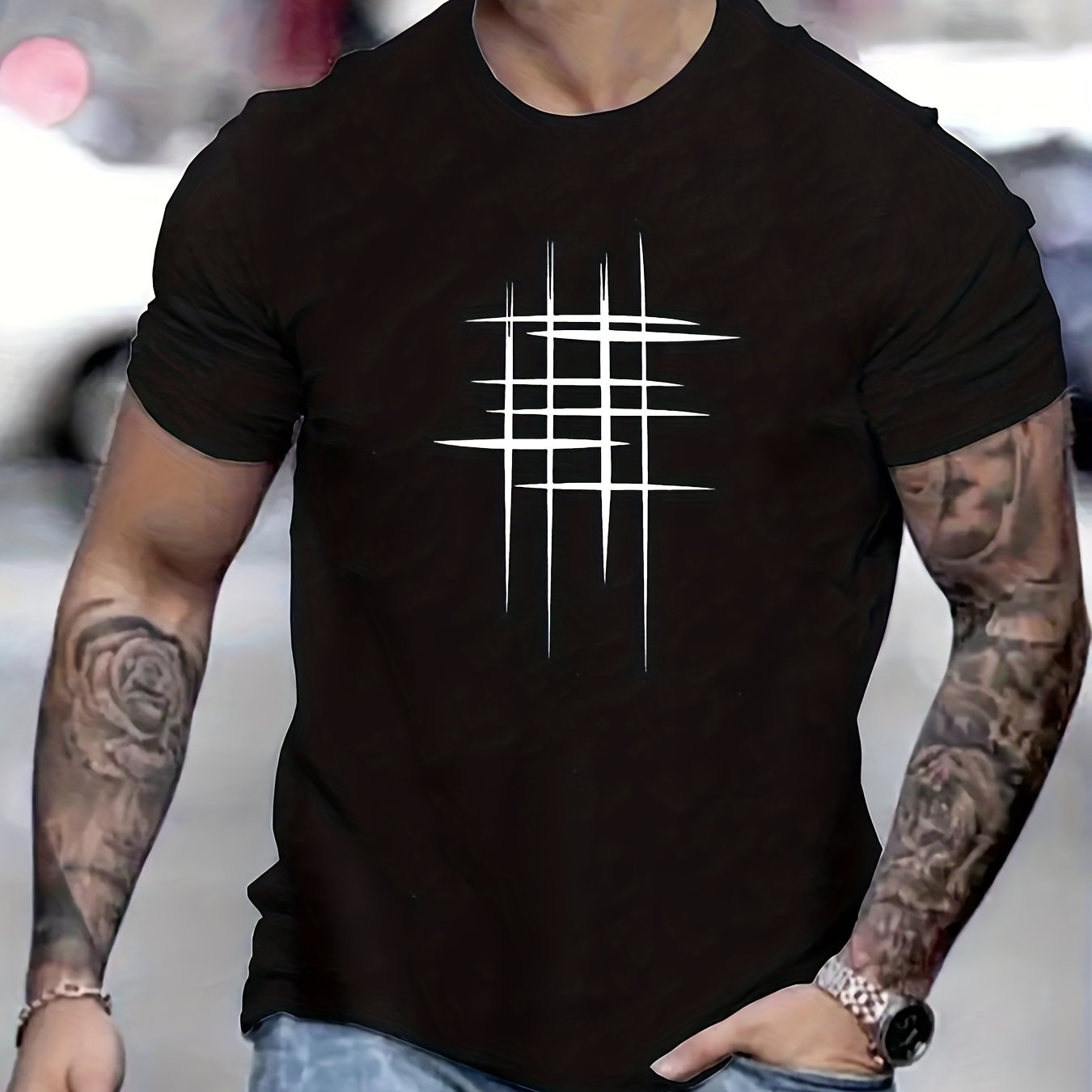 Men's casual short sleeve t-shirt with round neck and geometric black line design, made from soft polyester fabric. Perfect for summer casual attire.