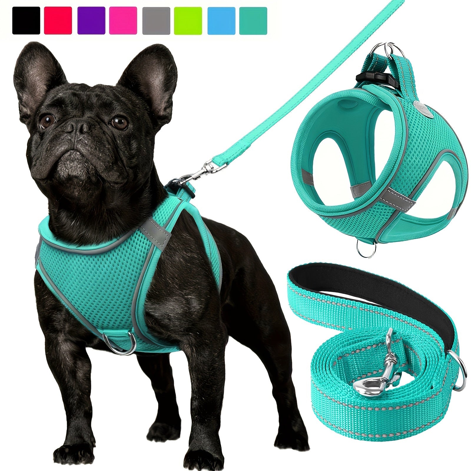 Joytale Reflective Dog Harness and Leash Set for small to medium breeds. Comfortable mesh vest with padded nylon lead, dual D-ring, poop bag dispenser.