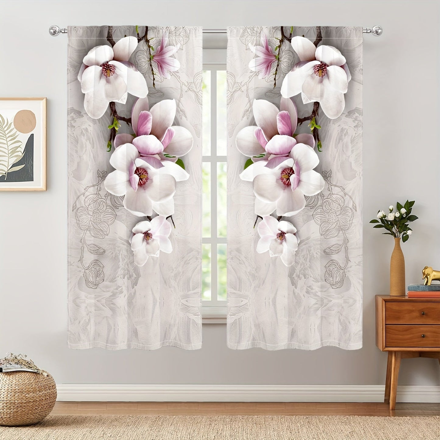 Set of 2 Magnolia Patterned Semi-Blackout Curtains with Rod Pocket, Perfect for Study, Bedroom, Kitchen, Living Room, Playroom, Office, or Patio Décor