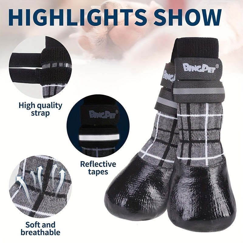 BINGPET Anti-Slip Dog Socks, Waterproof with Reflective Straps, Plaid Pattern - Paw Protectors for All Seasons, Ideal for Small to Large Dogs on Hardwood Floors & Hot Pavement