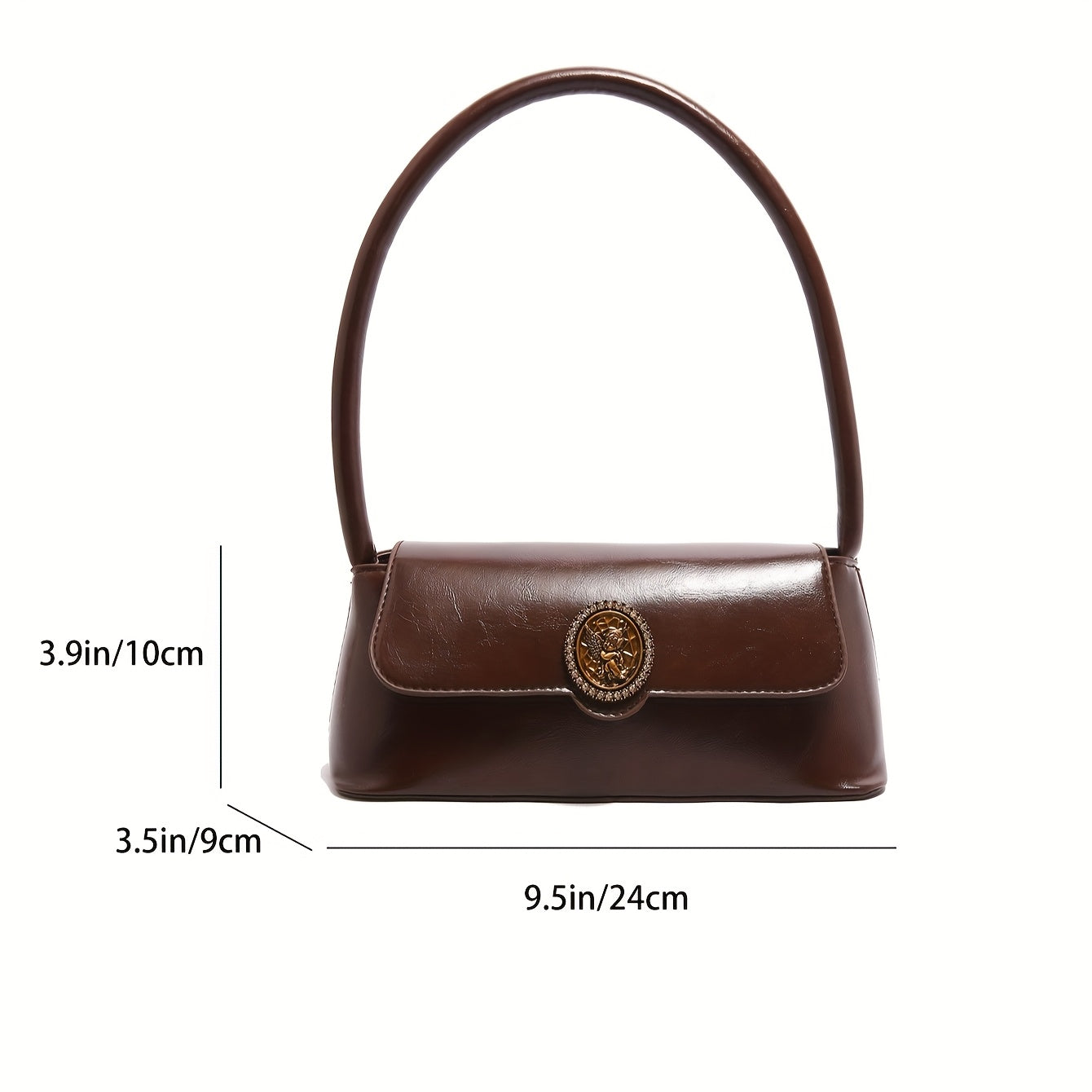 French vintage-style shoulder bag for women in elegant brown, with metal emblem, magnetic closure, and polyester lining. Versatile and stylish for daily use.