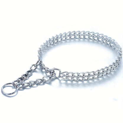 Adjustable stainless steel Cuban link dog collar for large, small, and medium dogs. Chew proof and double row chain design in silvery metal.