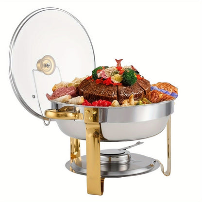 This set includes four 4-quart golden chafing dishes, complete with stainless steel round chafers topped with a glass lid for easy viewing. Each chafer also comes with a lid holder. Perfect for serving and keeping food warm at dinners, parties, weddings