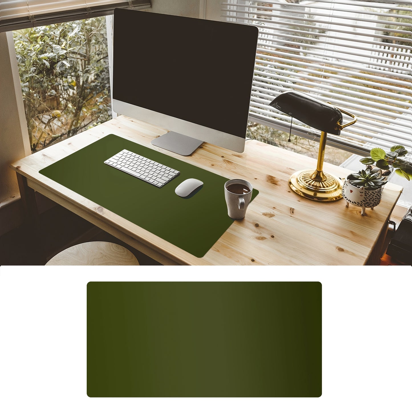 Non-slip PU leather desk pad for office and home use. Water and oil resistant, suitable for writing and using laptop and mouse. Available in two sizes.