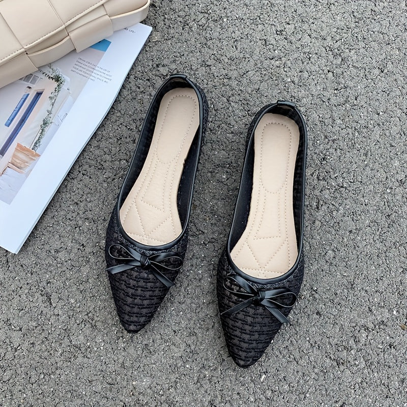 Stylish mesh flats with bowknot for women - lightweight, slip-on, pointed toe shoes for all seasons.