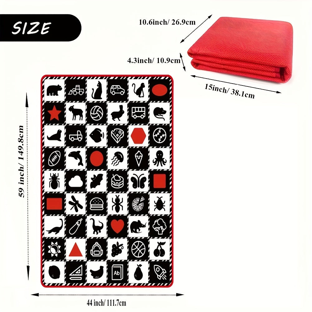 This Large, Thick 0.6cm Floor Mat is Ultra-Soft for Crawling, featuring High Contrast Animal, Fruit & Vehicle Designs. Ideal for Tummy Time, Learning, and Play. In Black & White, with Shapes Toy included. Perfect for Play Mats.