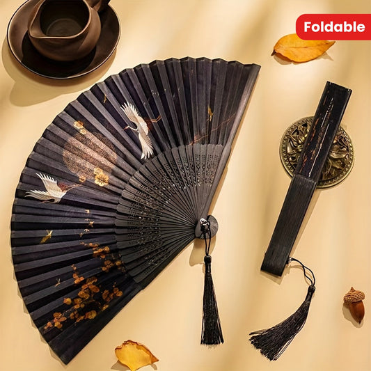 Vintage Chinese Folding Hand Fan with Classical Costume Style, made from Elegant Silk Material. Featuring a Traditional Design with Tassel, this fan is Portable for Summer Cooling and Dance Performances.