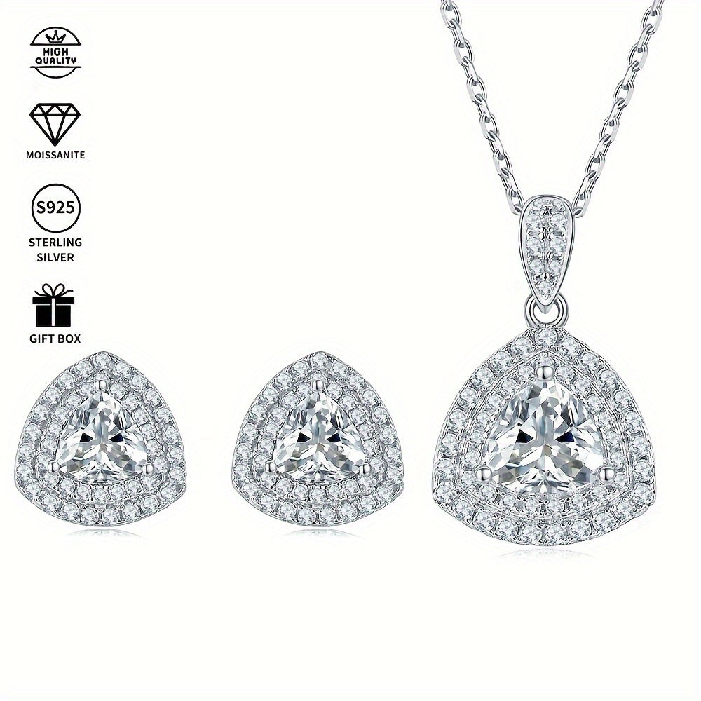 Experience elegance with the SEVENMOONS Luxury Moissanite Jewelry Set. Crafted with 925 sterling silver and platinum plating, this set features a stylish triangle pendant necklace and matching stud earrings. Perfect for adding a touch of glamour to any