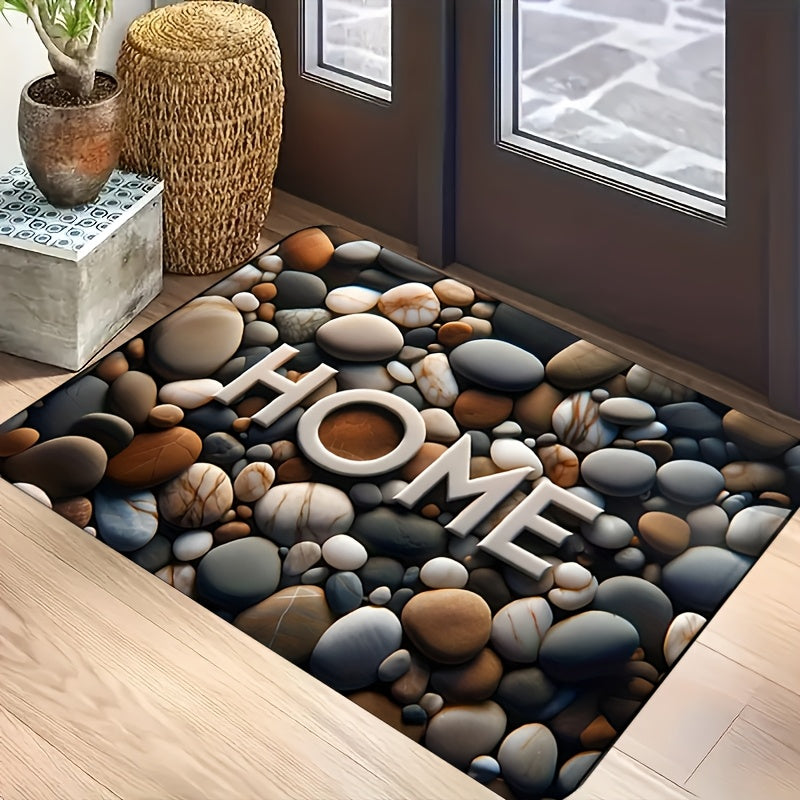 Add a touch of elegance to your home with this 1-piece Pebble Print Welcome Mat featuring a stylish "HOME" design. Made from fade-resistant polyester fiber, this machine washable mat is perfect for use in kitchens and entryways. Its slip-resistant