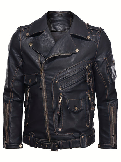 Men's stylish black biker jacket with zipper pockets, loose fit, studded details, and durable polyester lining, perfect for spring and fall.