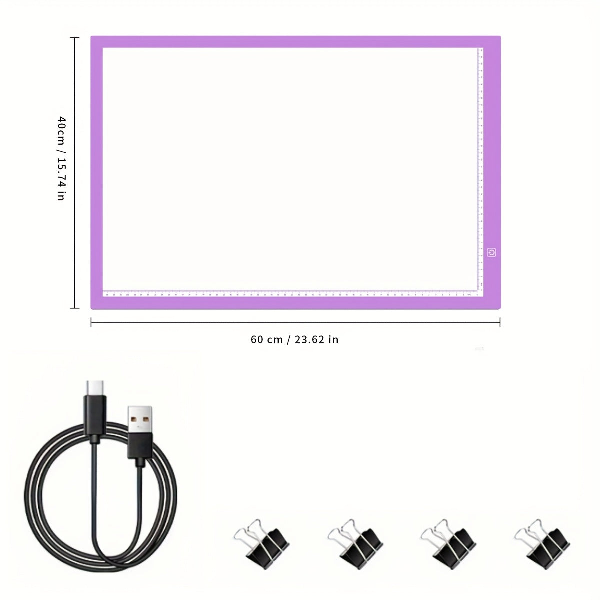 LED light pad for diamond painting with 3 brightness levels, USB cable, and 4 fasten clips. Great for sketching, animation, drawing, and diamond painting supplies.