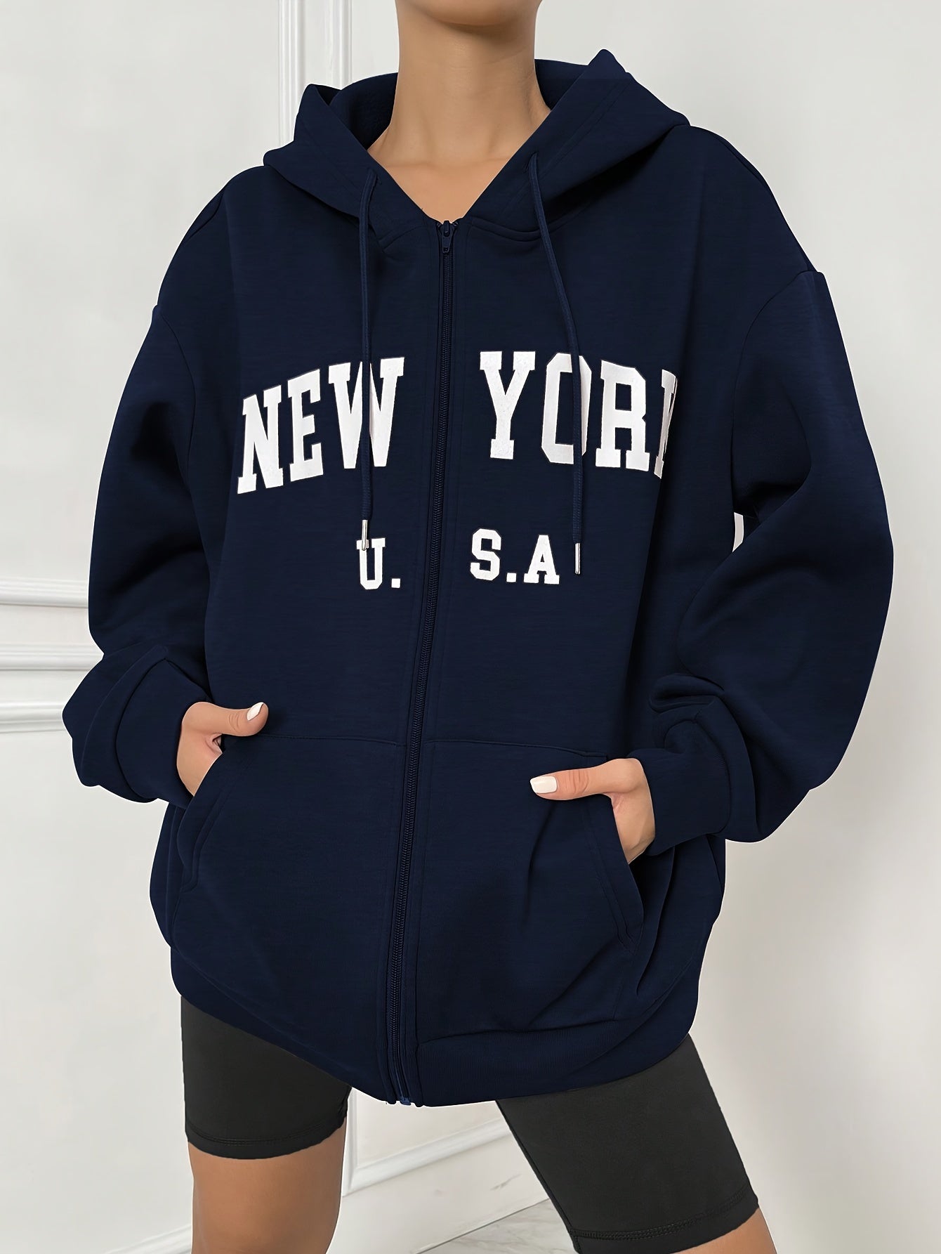 NEW YORK Print Zip Front Hoodie with Kangaroo Pocket