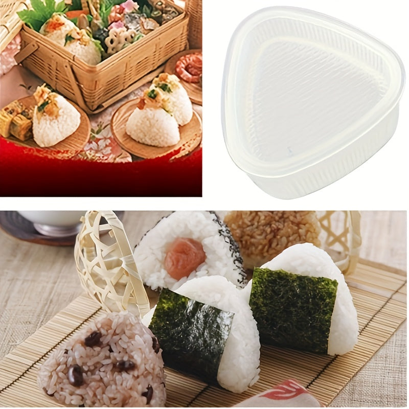 Clear plastic sushi mold with lid for making triangle-shaped rice balls at home or in restaurants. Suitable for beginners and professionals in sushi making.