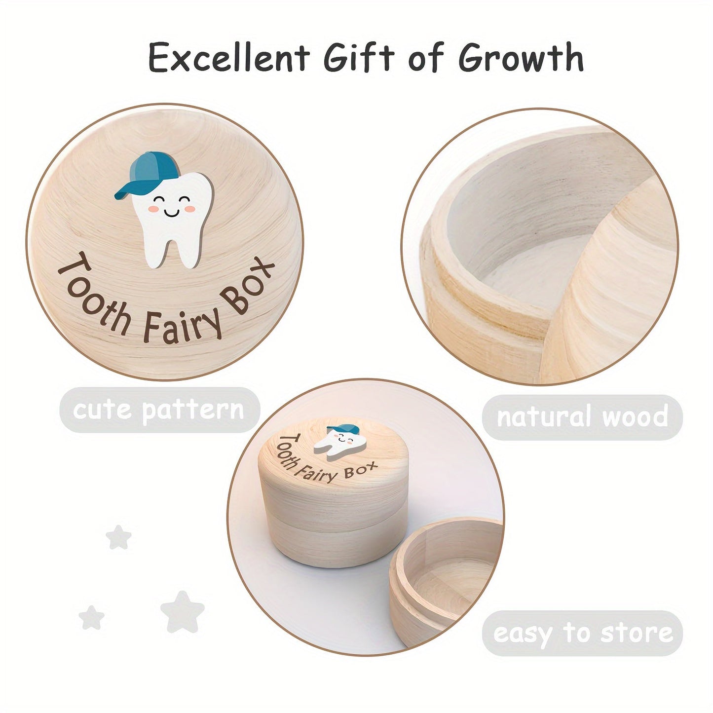 A perfect gift for any occasion, this 1pc 3D Wooden Teeth Storage Box is a keepsake that can also be used as a falling tooth storage iron box. It is the perfect holiday gift for birthdays, Christmas, Valentine's Day, Easter, or Baptism. Ideal for