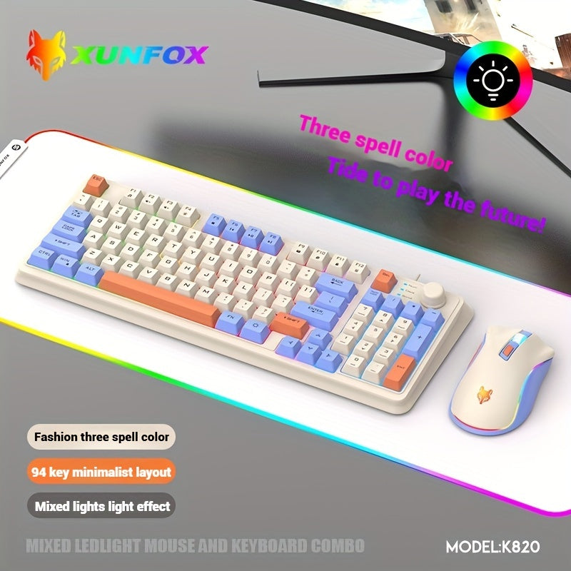 1pc XUNFOX 94-Key Mechanical Gaming Keyboard and Mouse Combo, USB Wired, Lightweight, RGB Backlit, Smart Knob, Ideal for Gamers.