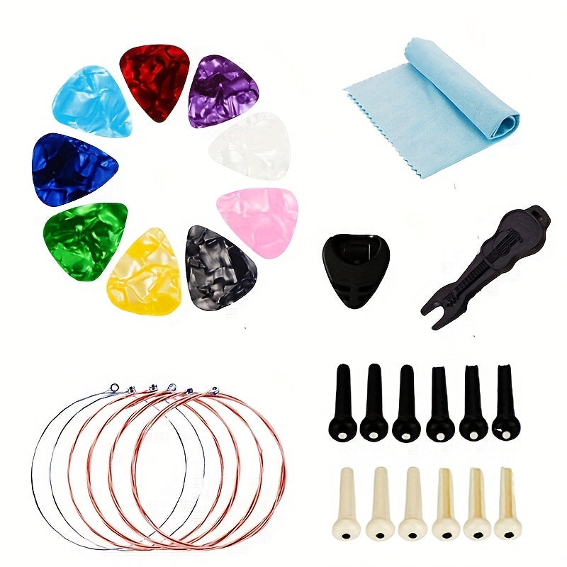 Popular guitar accessory set includes string pick adjustment clip and three-in-one string changing tool. Color of tuner combination is random. Designed for beginners.