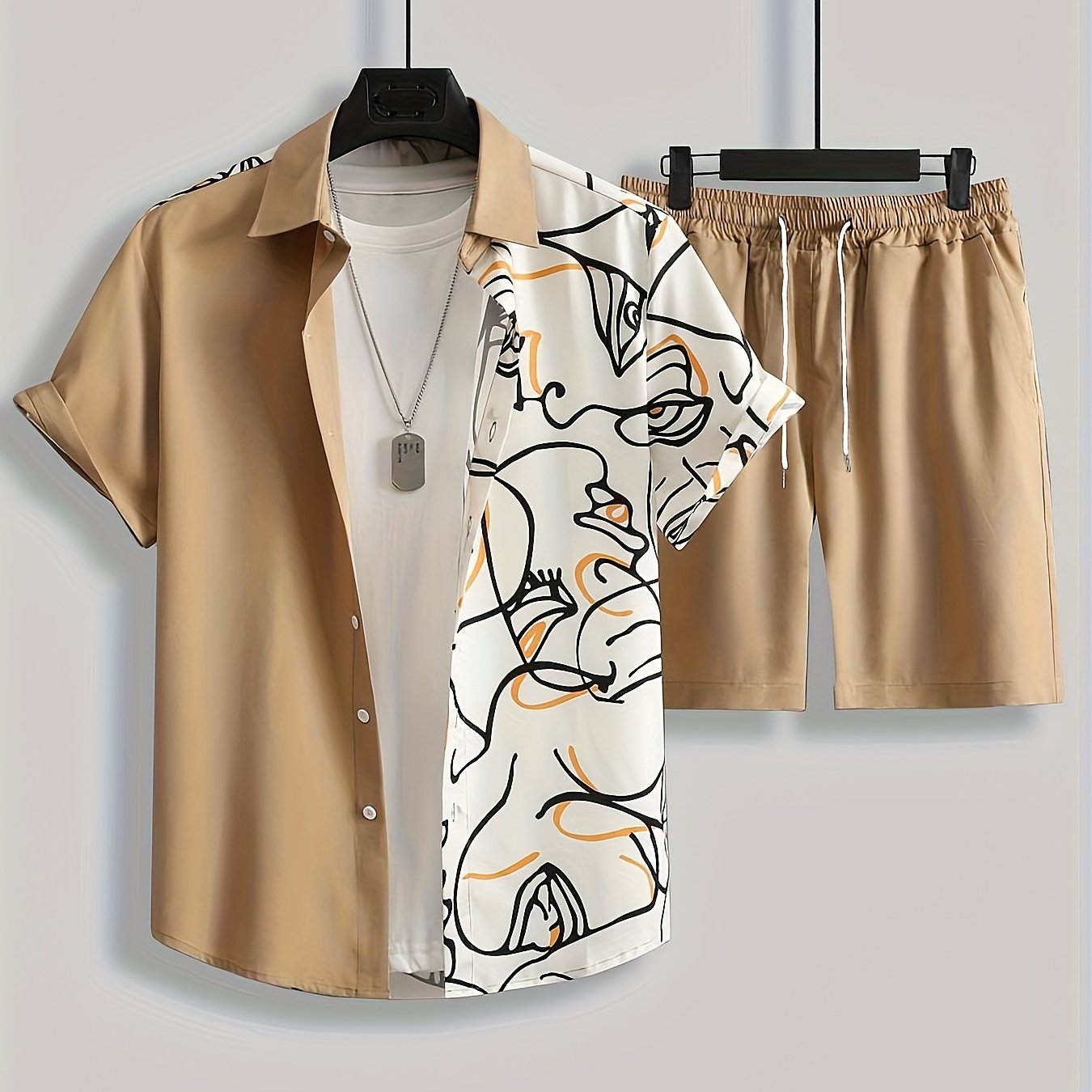 Men's beige geometric pattern shirt and shorts set made of polyester, machine washable and suitable for all-season comfort and wear. Features a relaxed fit and smooth texture.