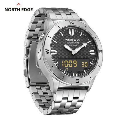 High-end sports digital watch for men with stainless steel casing and features including 50m water resistance, altimeter, barometer, compass, luminous display, date and time zone settings.