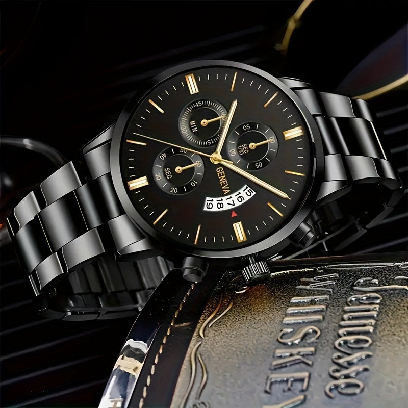 Top Pick! Set of 2 Men's Fashion Quartz Watches Featuring Stainless Steel Bands and Round Dials, with Versatile Chain Bracelet - Ideal Present for Friends and Boyfriends, Suitable for Any Event. Perfect for Eid Al-Adha, Back to School, and Graduation