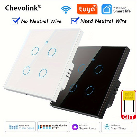 Chevolink WiFi Smart Switch with Voice Control, EU Plug, No Neutral Wire Needed, Compatible with Alexa and Google Home, 1/2/3/4 Gang, Tempered Glass Panel