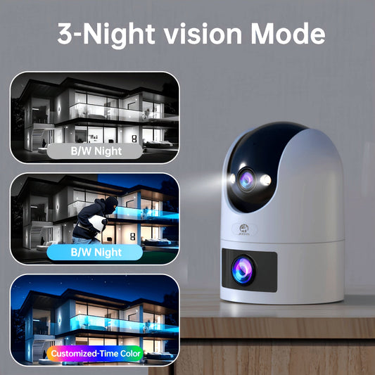 Enhance your home security with the JOOAN PTZ Dual Lens Camera featuring dual-screen display, 2.4G&5G connectivity, wall hanging option, crystal-clear 1296p video quality, two-way audio communication, convenient smartphone app control, perfect for indoor