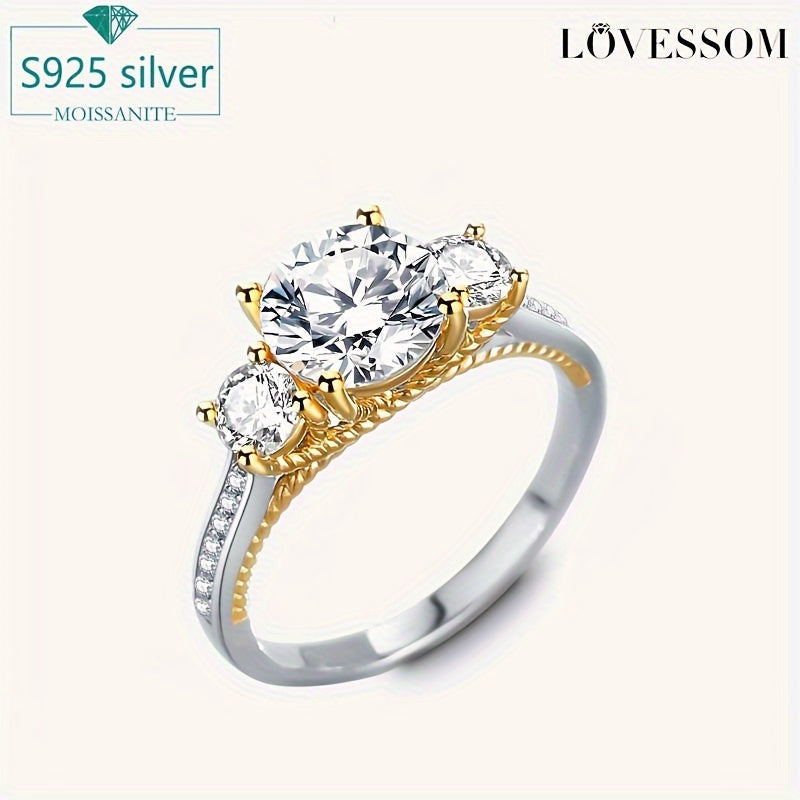 Elegant 2 Carat Moissanite Engagement Ring - Sterling Silver with Dual-Tone Design, Ideal for Proposals & Anniversaries - A Perfect Gift with Gift Box for Her by LOVESOM