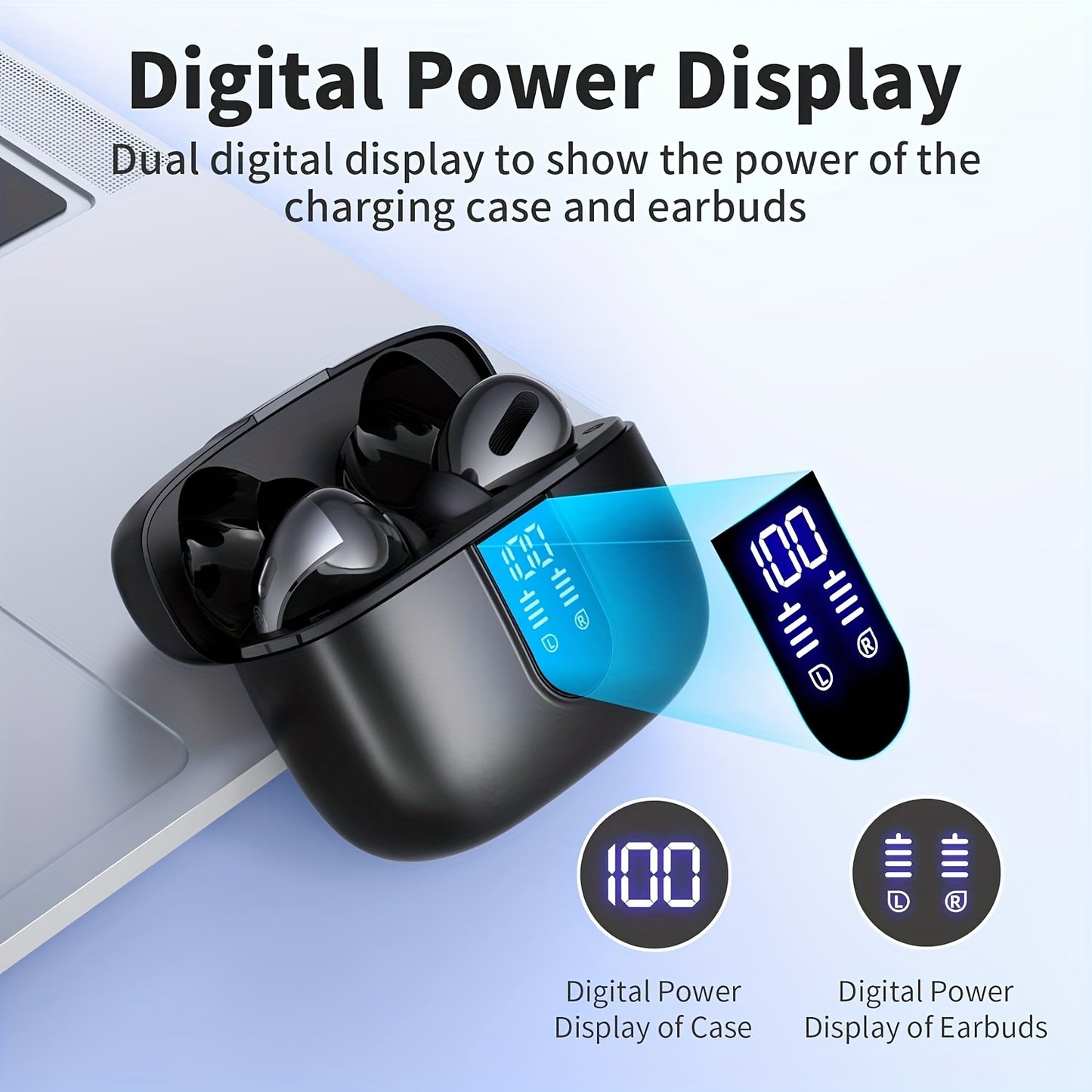 Adult-friendly LIFEBEE Wireless Earbuds with 60H playback, LED display, noise cancelling, touch control, condenser mic, and fast charging. Compatible with cellphones.