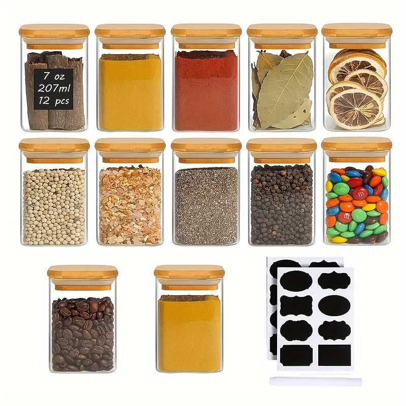 12-piece Glass Spice Jars Set with Bamboo Airtight Lids, Labels, and 8.5 Oz capacity. Complete kitchen tool for storing spices.