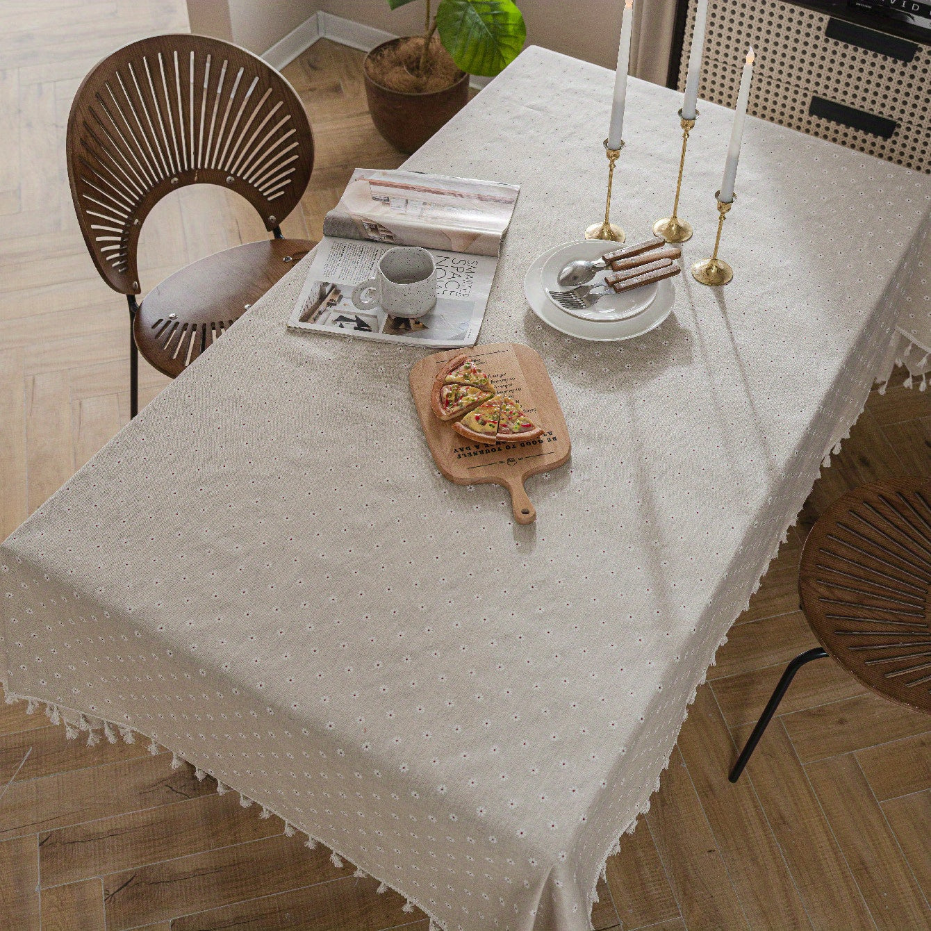 White chrysanthemum and beige linen print farmhouse floral tablecloth with tassels, ideal for kitchen and dining decor. Ready for Thanksgiving, made of polyester, rectangular shape.