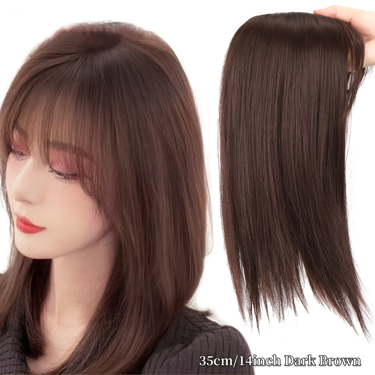 Straight synthetic hair pieces for women that seamlessly clip in to provide a natural-looking bang, with an invisible white cover and hair clips.