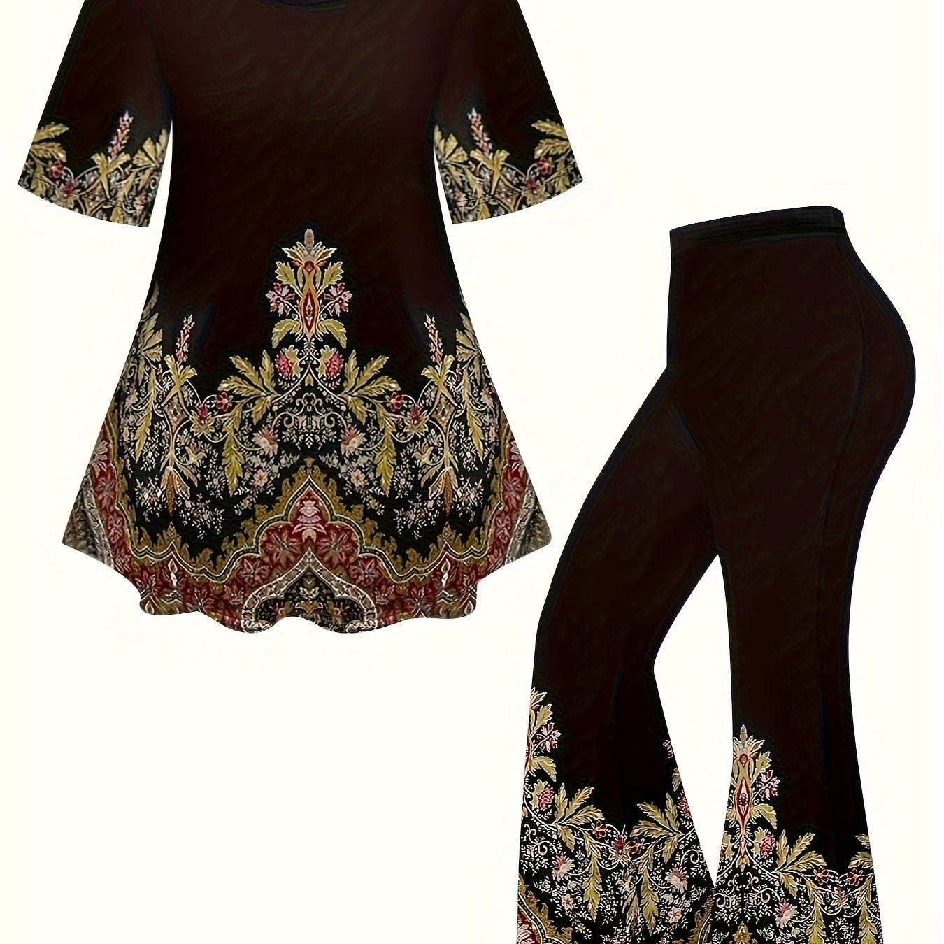 Graphic print two-piece set for plus size women, with crew neck t-shirt and pants outfit.