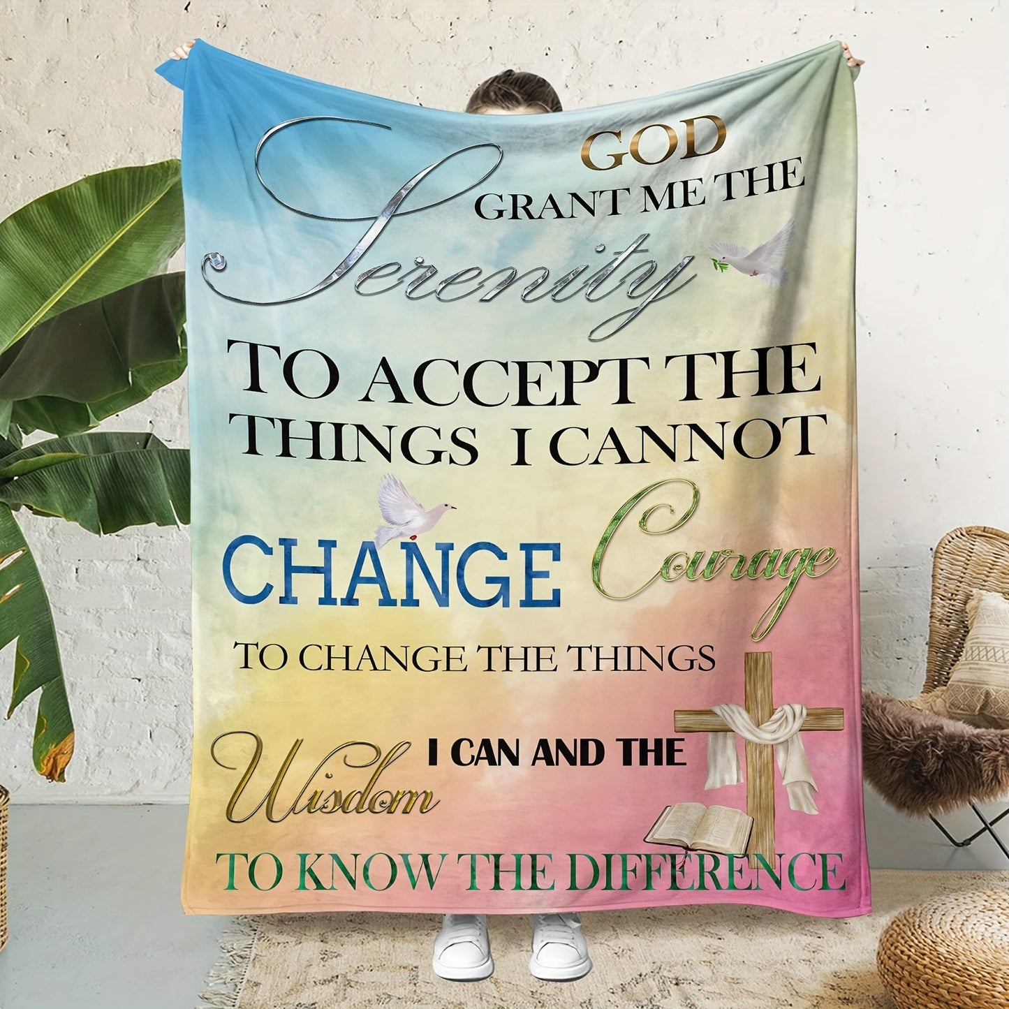 Soft and warm fleece blanket featuring the Serenity Prayer, perfect for all seasons. This multipurpose knitted polyester throw is ideal for beds, sofas, and travel.