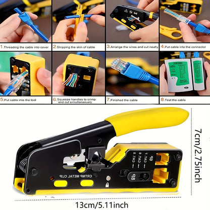 Yellow Ratcheting Modular Data Cable Crimper with Wire Stripper, Cutter, and Non-slip Grip for RJ11/RJ12 & RJ45 Connectors.