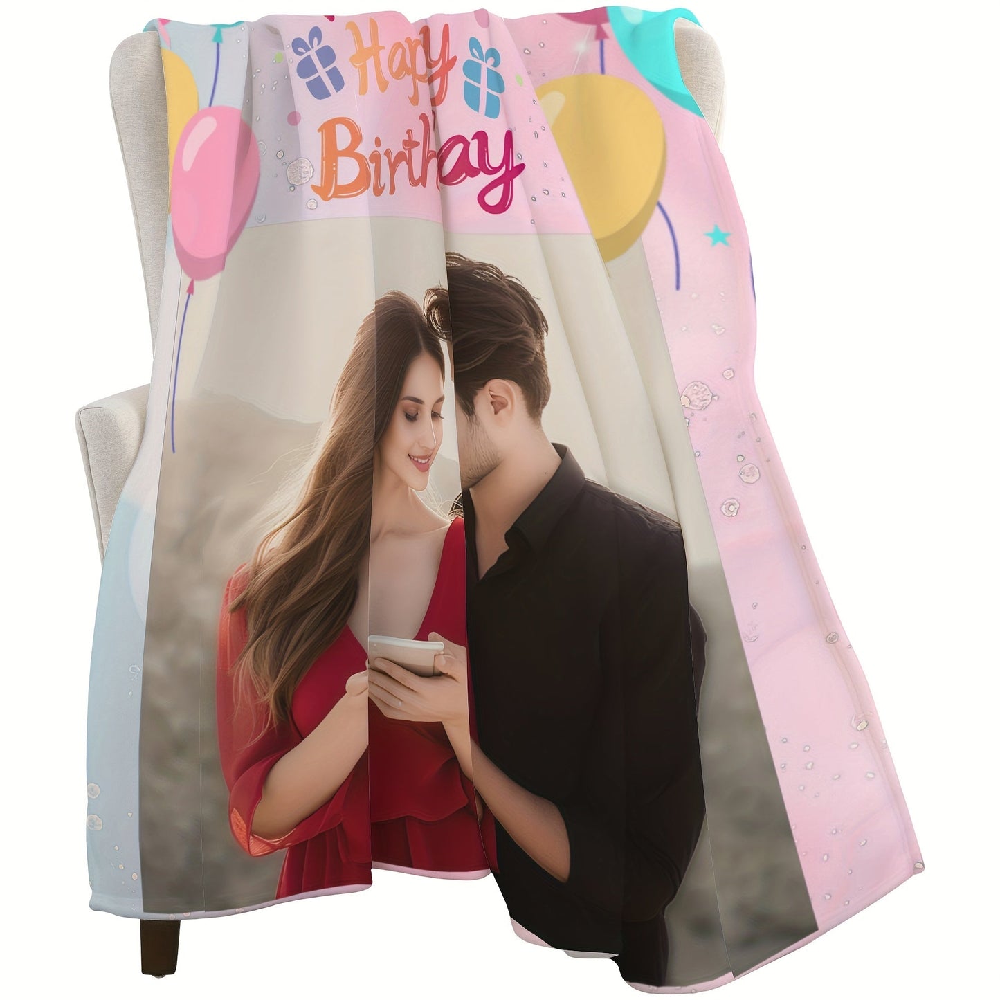 Customized Photo Blanket featuring Cute Balloons and 'Happy Birthday' Message - Ideal Present for Your Beloved Ones