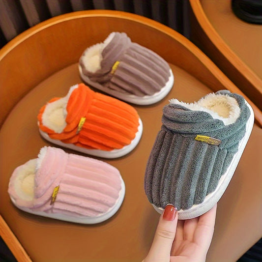 Children's cozy fleece-lined slippers with striped fabric upper, PVC sole, and no insole for ultimate comfort during the winter months.