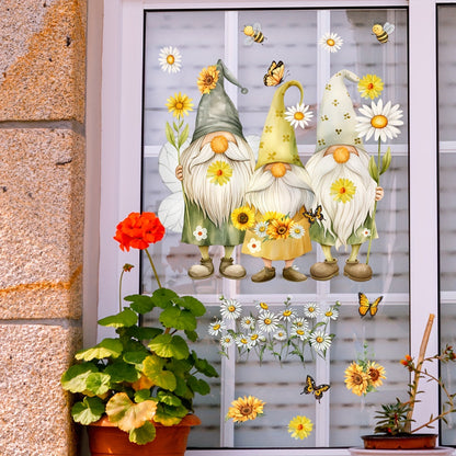 Add a touch of whimsy with this charming Bee & Gnome Elder Sunflower Daisy Electrostatic Window Cling. Made of durable, double-sided, reusable PVC sticker that is 5mil thick for vibrant home decor. Featuring a playful Gnome design and Sunflower Daisy