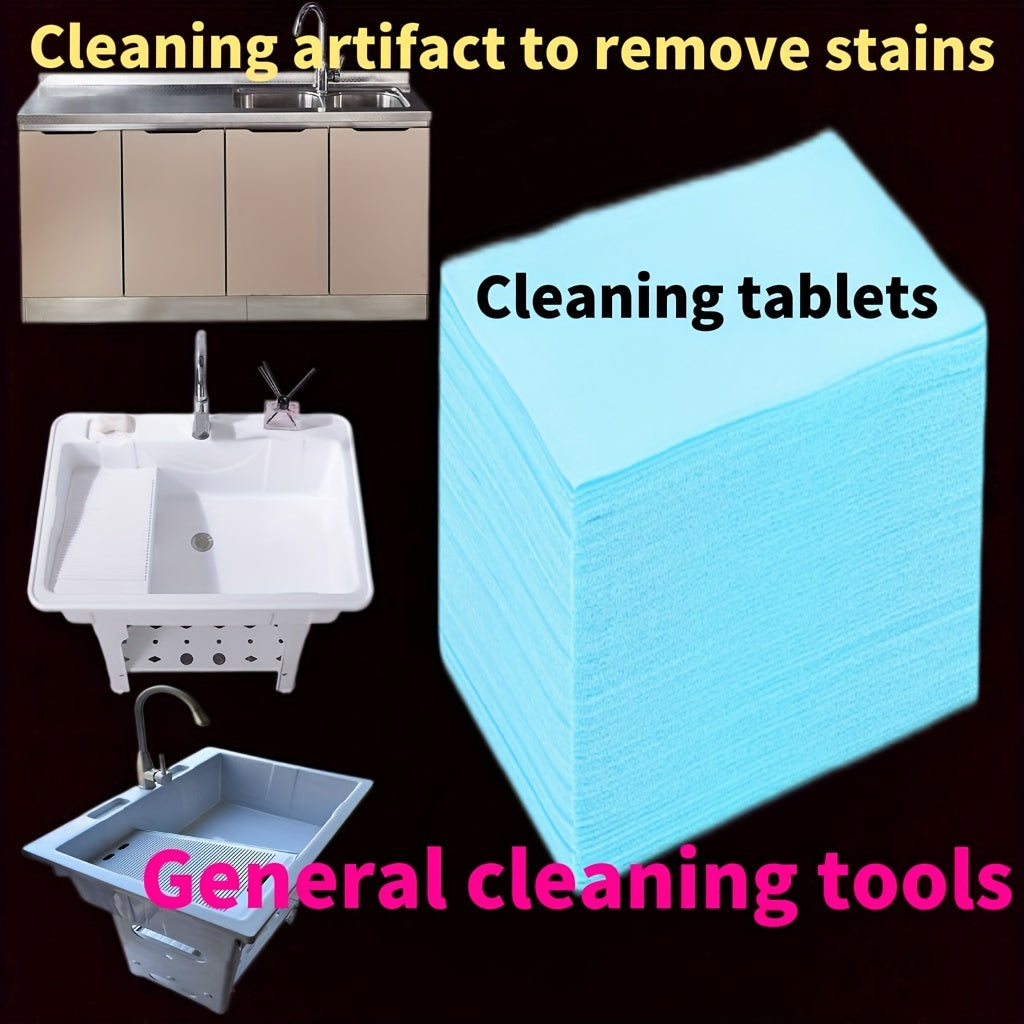 Pack of 60 cleaning tablets made from paper material. Each tablet is individually wrapped for easy dispensing and is suitable for use on kitchen sinks, cookware, and washbasin stain removal. Available in purple and blue colors.