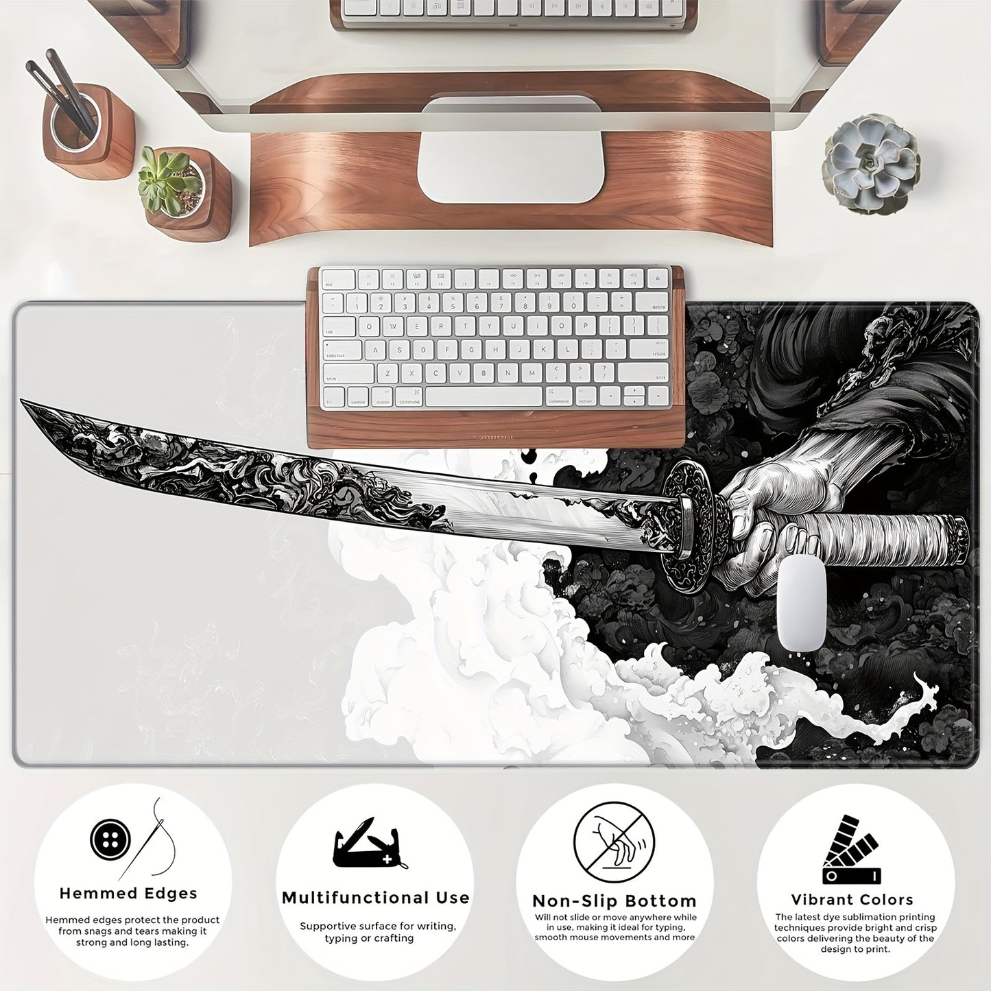 Large Japanese Samurai Sword Gaming Mouse Pad - 80.01 x 29.97 cm, Durable Stitched Edges, Natural Rubber Desk Mat