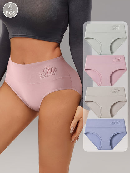 Set of 4 Women's High-Waisted Briefs in Lavender, Beige, and Pink. Comfortable and Slimming with Elastic Waistband and Crotch Detail.