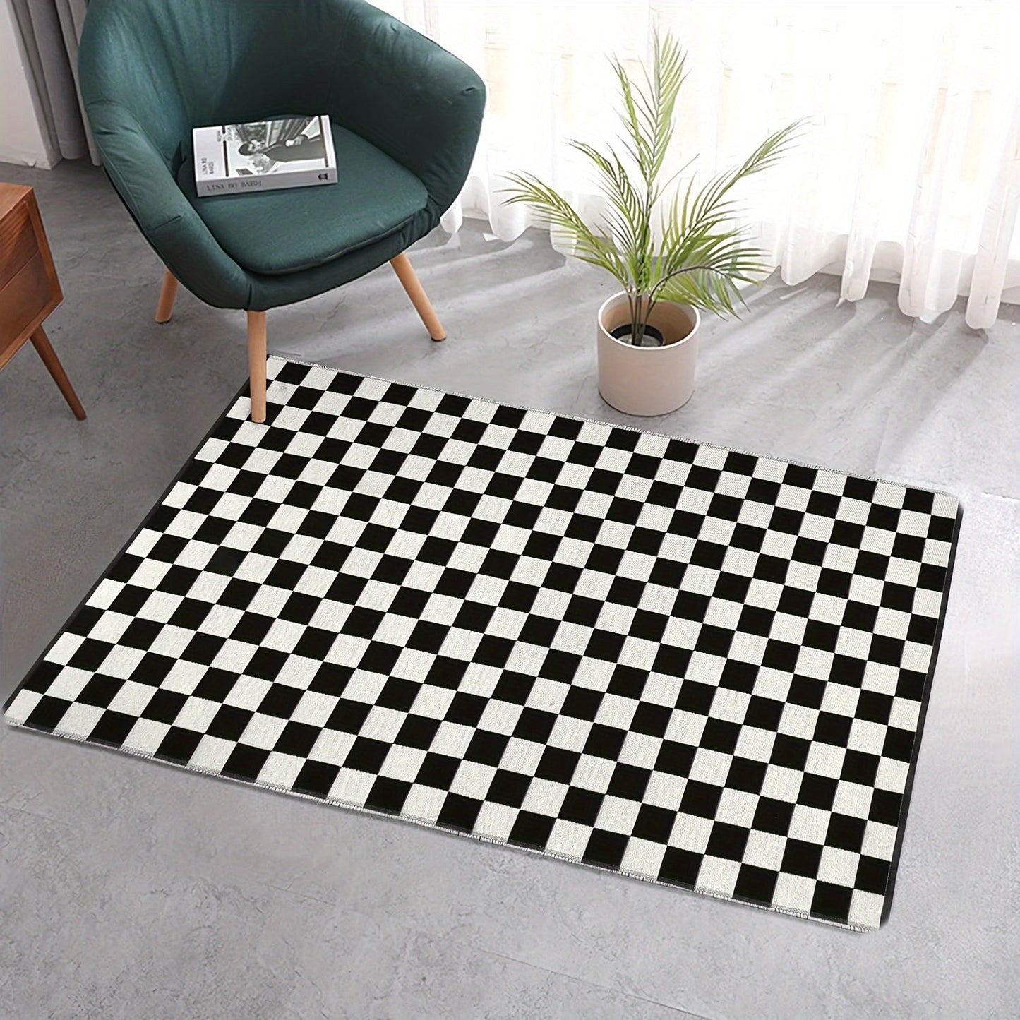 Black and white checkered carpet, 1 piece, made of non-slip polyester material. This machine-made floor mat is 100% polyester and can be hand washed. Suitable for indoor use in the bedroom, entryway, living room, kitchen, and bathroom. It weighs 480g and