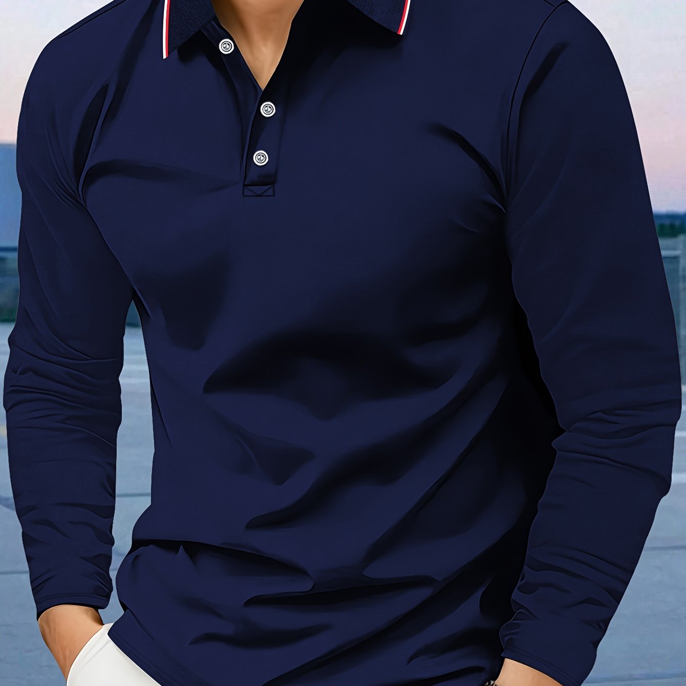 Men's casual polo shirt with breathable comfort fabric, long sleeve turn-collar, solid color, regular fit, knit fabric, 100% polyester, button details, suitable for the fall season -