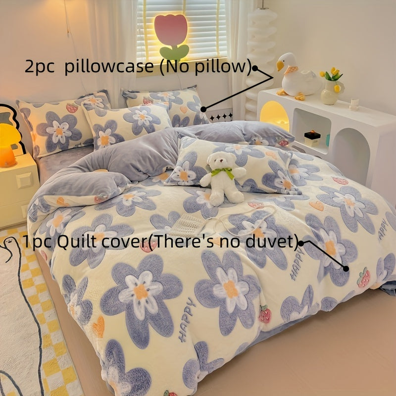 Velvet Duvet Cover Set with Flower Print, Includes 1 Duvet Cover and 2 Pillowcases - Soft and Warm Bedding Set for Autumn and Winter, Perfect for Bedroom or Guest Room