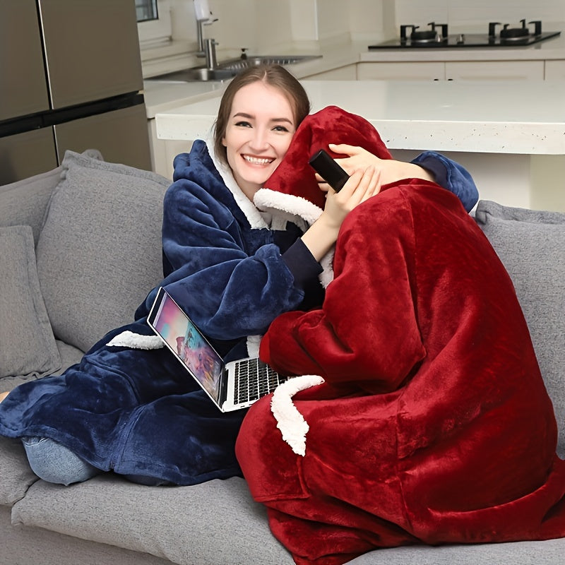 Stay warm and stylish in our cozy plaid fleece hooded blanket sweatshirt! With large pockets for convenience, this oversized wearable blanket is perfect for men and women. It's soft, warm, and machine washable, making it ideal for TV binge-watching.